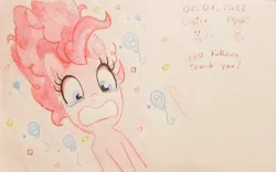 Size: 1024x641 | Tagged: safe, artist:fipoki, derpibooru import, pinkie pie, earth pony, pony, female, follower count, followers, image, jpeg, mare, solo, teary eyes