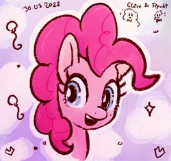 Size: 596x560 | Tagged: safe, artist:fipoki, derpibooru import, pinkie pie, earth pony, pony, bust, female, image, jpeg, mare, open mouth, open smile, signature, smiling, solo, traditional art