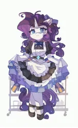 Size: 2483x4096 | Tagged: safe, artist:saxopi, derpibooru import, rarity, pony, semi-anthro, unicorn, bottle, bow, clothes, cute, image, jpeg, looking at you, maid, raribetes, simple background, skirt, skirt lift, smiling, solo, table, white background