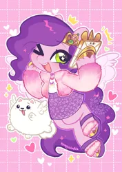 Size: 2381x3368 | Tagged: safe, artist:colorfulcolor233, derpibooru import, cloudpuff, pipp petals, dog, pegasus, pomeranian, pony, adorapipp, clothes, cute, duo, female, flying pomeranian, g5, heart, high res, image, jpeg, mare, one eye closed, open mouth, selfie, signature, winged dog