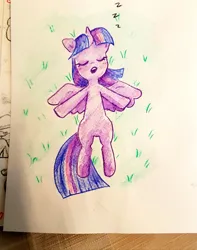 Size: 1612x2048 | Tagged: safe, artist:fipoki, derpibooru import, twilight sparkle, twilight sparkle (alicorn), alicorn, pony, cute, eyes closed, female, grass, horn, image, jpeg, lying down, mare, on back, open mouth, spread wings, traditional art, twiabetes, wings