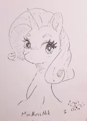 Size: 1486x2048 | Tagged: safe, artist:fipoki, derpibooru import, pony, unicorn, female, grayscale, horn, image, jpeg, looking at you, mare, monochrome, signature, solo, style emulation, traditional art