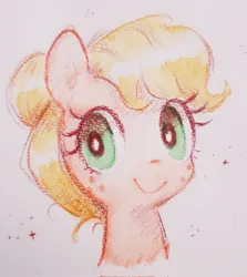 Size: 1826x2048 | Tagged: safe, artist:fipoki, derpibooru import, applejack, earth pony, pony, alternate hairstyle, bust, female, freckles, hair bun, image, jpeg, mare, simple background, smiling, solo, traditional art, white background