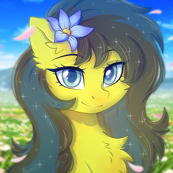 Size: 2500x2500 | Tagged: safe, artist:leah minik, derpibooru import, oc, oc:star wormwood, unofficial characters only, pegasus, pony, blue eyes, bust, chest fluff, commission, cute, ear fluff, eye clipping through hair, eyebrows, eyebrows visible through hair, female, flower, flower field, flower in hair, image, looking at you, mare, pegasus oc, png, portrait, sky, sky background, smiling, smiling at you, solo, two toned mane, wings