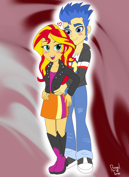 Size: 2975x4091 | Tagged: safe, artist:bageloftime, derpibooru import, flash sentry, sunset shimmer, equestria girls, blushing, female, flashimmer, image, jpeg, male, shipping, straight