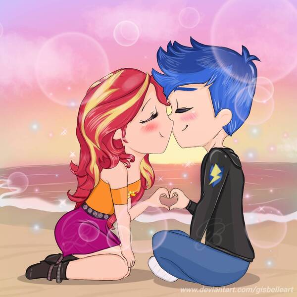 Size: 1280x1280 | Tagged: safe, artist:gisbelleart, derpibooru import, flash sentry, sunset shimmer, equestria girls, blushing, chibi, female, flashimmer, image, jpeg, male, shipping, straight