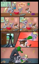 Size: 2893x4792 | Tagged: grimdark, artist:dinosaurcol, derpibooru import, derpy hooves, dinky hooves, pipsqueak, oc, oc:anon, earth pony, pegasus, unicorn, abuse, asphyxiation, baking, beaten up, black eye, blood, bowl, broken teeth, chipped tooth, commission, crying, derpibooru exclusive, dinkybuse, door, egg, fear, flour, flying, fork, frying pan, image, knife, laughing, messy, pain, png, screaming, silly, slash, smiling, strangling, tears of pain, tray, wings