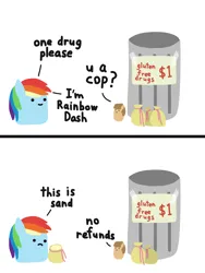 Size: 1500x2000 | Tagged: safe, artist:2merr, ponerpics import, rainbow dash, oc, oc:twosday, 2 panel comic, :), :c, bag, blob ponies, comic, dialogue, dot eyes, drawthread, drugs, duo, female, frown, image, png, sand, simple background, smiley face, smiling, trash can, white background