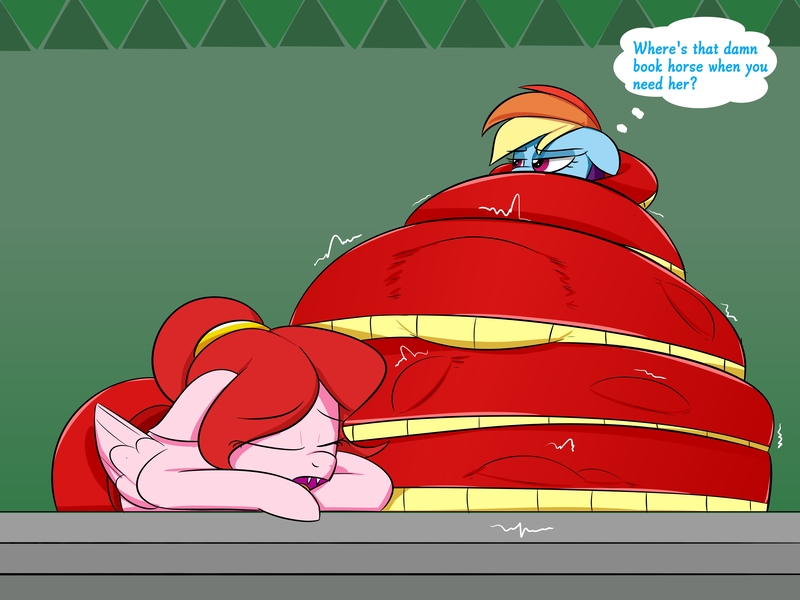 Size: 4000x3000 | Tagged: questionable, artist:bestponies, derpibooru import, rainbow dash, oc, oc:severus, original species, pegasus, pony, snake, snake pony, dialogue, digestion, female, image, jpeg, mare, multiple prey, sleeping, vore