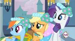 Size: 2160x1196 | Tagged: safe, derpibooru import, screencap, applejack, rainbow dash, rarity, earth pony, pegasus, pony, unicorn, a canterlot wedding, bridesmaid dress, clothes, dress, floral head wreath, flower, flower in hair, image, jpeg, marriage, royal wedding, wedding