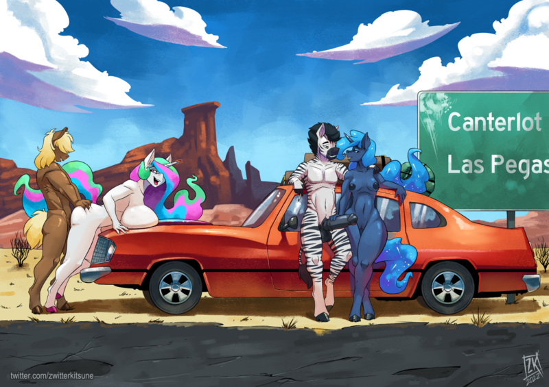 Size: 1200x848 | Tagged: explicit, artist:zwitterkitsune, princess celestia, princess luna, oc, anthro, unguligrade anthro, zebra, balls, big breasts, breasts, busty princess celestia, canon x oc, car, exhibitionism, female, from behind, image, male, nipples, nudity, penis, png, public sex, road trip, sex, straight