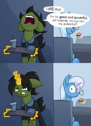 Size: 2268x3124 | Tagged: safe, artist:moonatik, derpibooru import, trixie, oc, oc:grim fate, pony, unicorn, 2 panel comic, angry, burger, comic, drink, fast food, female, food, horn, image, magic, mare, png, surprised, table, talking to herself, tired, tray, unicorn oc