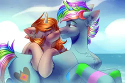 Size: 4140x2742 | Tagged: safe, artist:kiskka, derpibooru import, oc, oc:azure star (fauli1221), oc:funny jo, unofficial characters only, alicorn, pony, unicorn, alicorn oc, closed mouth, cloud, commission, duo, eyes closed, eyes open, female oc, horn, image, kissing, male oc, multicolored mane, multicolored tail, png, stripes, tail, unicorn oc, wings, your character here