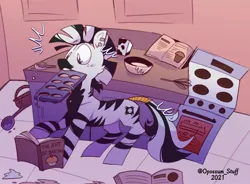 Size: 1675x1236 | Tagged: safe, artist:opossum-stuff, derpibooru import, oc, oc:haefen, unofficial characters only, zebra, baking, basket, book, bowl, commission, cookbook, image, jpeg, male, reading, solo, stove, tail, tail wrap, whisk, zebra oc