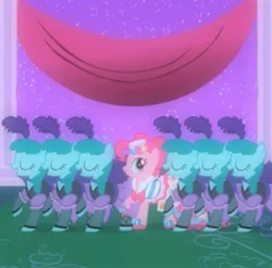 Size: 1586x1564 | Tagged: safe, derpibooru import, screencap, pinkie pie, earth pony, pony, the best night ever, can-can, canterlot, clothes, dancing, dress, fantasy, female, gala dress, image, jpeg