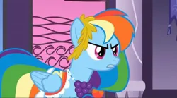 Size: 2160x1198 | Tagged: safe, derpibooru import, screencap, rainbow dash, pegasus, pony, the best night ever, alternate hairstyle, angry, canterlot, canterlot castle, clothes, dress, female, gala dress, grand galloping gala, image, jpeg