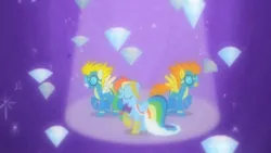 Size: 2160x1214 | Tagged: safe, derpibooru import, screencap, blaze, rainbow dash, surprise, pegasus, pony, the best night ever, clothes, diamond, dress, fantasy, gala dress, grand galloping gala, image, jpeg, uniform, wonderbolts, wonderbolts uniform