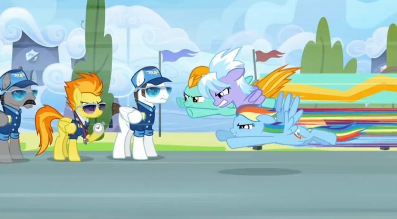 Size: 2159x1191 | Tagged: safe, derpibooru import, screencap, cloudchaser, fast clip, lightning dust, manerick, rainbow dash, spitfire, whiplash, pegasus, pony, wonderbolts academy, clothes, drill sergeant, female, flag, flag pole, flying, image, jpeg, male, necktie, spitfire's whistle, stopwatch, sunglasses, uniform, whistle, whistle necklace, wonderbolts dress uniform