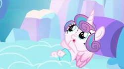 Size: 2137x1190 | Tagged: safe, derpibooru import, screencap, princess flurry heart, alicorn, pony, the crystalling, baby, baby pony, bed, cute, diaper, flurrybetes, image, jpeg, pillow