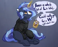 Size: 3296x2680 | Tagged: safe, artist:witchtaunter, derpibooru import, oc, oc:witching hour, pony, unicorn, chest fluff, clothes, coffee, coffee cup, cup, ear fluff, floppy ears, gradient background, hoodie, image, magic, male, png, sad, sitting, slouching, solo, speech bubble, stallion, telekinesis, tired, vent art