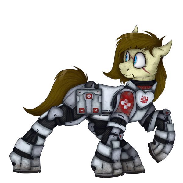 Size: 2300x2300 | Tagged: safe, artist:molars, derpibooru import, oc, oc:dusty heartwood, unofficial characters only, pony, fallout equestria, apoc, armor, blue eyes, brown mane, female, full body, image, mare, medic, mud, plating, png, raised leg, scar, shading, simple background, solo, transparent background, weathering, worried