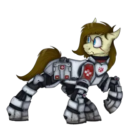 Size: 2300x2300 | Tagged: safe, artist:molars, derpibooru import, oc, oc:dusty heartwood, unofficial characters only, pony, fallout equestria, apoc, armor, blue eyes, brown mane, female, full body, image, mare, medic, mud, plating, png, raised leg, scar, shading, simple background, solo, transparent background, weathering, worried