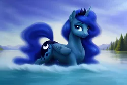 Size: 1920x1280 | Tagged: safe, derpibooru import, editor:dovakkins, machine learning generated, stable diffusion, princess luna, alicorn, pony, concave belly, cute, derpibooru exclusive, ethereal mane, ethereal tail, female, folded wings, galaxy mane, image, jewelry, lake, missing accessory, partially submerged, png, regalia, scenery, sky, smiling, solo, splash, tail, water, wings