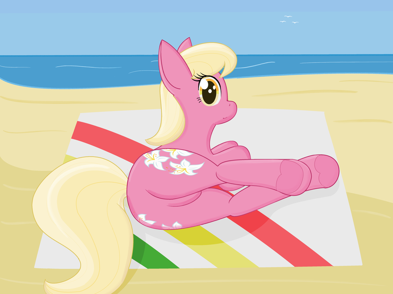 Size: 4423x3319 | Tagged: safe, artist:modera, derpibooru import, lily, lily valley, pony, beach, beach blanket, butt, featureless crotch, female, image, mare, plot, png, underhoof