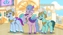 Size: 640x360 | Tagged: safe, derpibooru import, screencap, queen haven, pegasus, pony, my little pony: tell your tale, spoiler:g5, spoiler:my little pony: tell your tale, spoiler:tyts01e07, animated, clip trot, dancing, female, g5, gif, guardsmare, hoof tapping, hoofy-kicks, image, male, mare, pegasus royal guard, rearing, royal guard, stallion, thunder (g5), trio, zoom zephyrwing