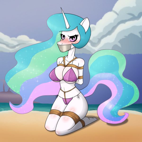 Size: 1919x1919 | Tagged: questionable, artist:zeecibee, derpibooru import, princess celestia, anthro, plantigrade anthro, abduction, angry, arm behind back, bdsm, beach, big hair, big tail, bikini, blushing, bondage, bound and gagged, box tied, breasts, busty princess celestia, captured, clothes, cloud, commission, crotch rope, damsel in distress, female, fetish, gag, image, island, kidnapped, kneeling, legs together, looking at you, ocean, patreon, patreon reward, peril, png, rope, rope bondage, scowl, signature, solo, solo female, swimsuit, tail, tape, tape gag, water