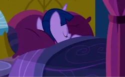 Size: 2160x1321 | Tagged: safe, derpibooru import, screencap, twilight sparkle, twilight sparkle (alicorn), alicorn, pony, do princesses dream of magic sheep, bed, bedroom, curtains, image, jpeg, lamp, pillow, quilt, sleeping, table, twilight's castle