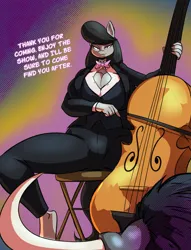 Size: 3075x4035 | Tagged: suggestive, artist:thebigbadwolf01, derpibooru import, octavia melody, oc, minotaur, big breasts, bowtie, breasts, busty octavia melody, cello, clothes, female, huge breasts, image, male, musical instrument, png, spread legs, spreading, tuxedo, wide hips