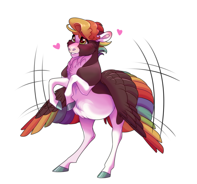 Size: 1600x1500 | Tagged: safe, artist:uunicornicc, derpibooru import, oc, oc:scooter, unofficial characters only, pegasus, pony, blushing, colored hooves, colored wings, commission, floating heart, heart, image, male, multicolored hair, multicolored wings, png, rainbow hair, rainbow wings, simple background, solo, stallion, transparent background, wings, wings down