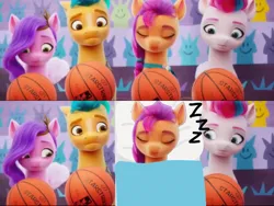 Size: 1024x768 | Tagged: safe, derpibooru import, edit, edited screencap, screencap, hitch trailblazer, pipp petals, sunny starscout, zipp storm, earth pony, pegasus, pony, my little pony: a new generation, basketball, bed, confused, eyes closed, faic, fit right in (g5), g5, group, image, jewelry, onomatopoeia, png, random, sleeping, sound effects, sports, tiara, tired, zzz