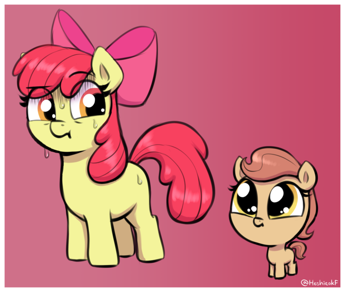 Size: 1874x1584 | Tagged: safe, artist:heretichesh, derpibooru import, apple bloom, oc, earth pony, pony, big head, cute, duo, female, filfil, filfilfil, filly, foal, gradient background, image, nervous sweat, ocbetes, png, smol, sweat