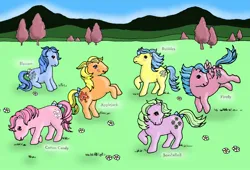 Size: 1000x678 | Tagged: safe, artist:noelle23, derpibooru import, applejack (g1), blossom, bubbles (g1), cotton candy (g1), firefly, seashell (g1), earth pony, pegasus, pony, bow, coloring book, digitally colored, female, field, flower, flying, freckles, g1, image, jpeg, mare, outdoors, raised hoof, rearing, sitting, smiling, spread wings, tail, tail bow, tree, wings