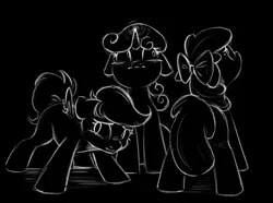Size: 1334x995 | Tagged: safe, artist:melodylibris, derpibooru import, apple bloom, scootaloo, sweetie belle, earth pony, pegasus, pony, unicorn, apple bloom's bow, black and white, black background, blank flank, bow, cutie mark crusaders, darkness, female, filly, floppy ears, foal, glow, glowing horn, grayscale, hair bow, horn, image, inverted colors, jpeg, magic, monochrome, scared, simple background, spread wings, wings