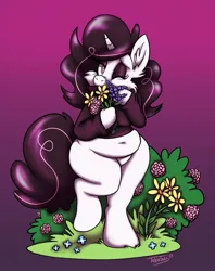 Size: 1618x2048 | Tagged: safe, artist:tatertails, derpibooru import, oc, oc:pom, pony, semi-anthro, unicorn, belly, belly button, bush, cheek fluff, clothes, ear fluff, eyeshadow, female, flower, gradient background, grass, image, jpeg, makeup, missing cutie mark, one eye closed, raised leg, slightly chubby, solo, sweater, wink