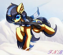 Size: 1719x1488 | Tagged: safe, artist:fnb, derpibooru import, oc, oc:f.n.b, unicorn, horn, image, jpeg, looking at you, snow, sword, unicorn oc, weapon