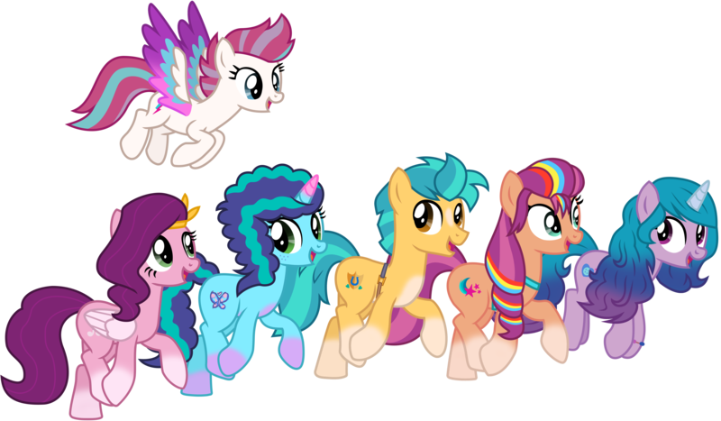 Size: 9709x5665 | Tagged: episode needed, safe, artist:ejlightning007arts, derpibooru import, hitch trailblazer, izzy moonbow, pipp petals, sunny starscout, zipp storm, earth pony, pegasus, pony, unicorn, g5, my little pony: make your mark, spoiler:g5, alternate new mane six (g5), base used, bracelet, coat markings, colored wings, fake cutie mark, female, flying, g4, g5 to g4, generation leap, image, jewelry, mane five (g5), misty brightdawn, misty joins the mane 5, multicolored hair, open mouth, png, rainbow hair, royal sisters (g5), siblings, simple background, sisters, socks (coat marking), tiara, transparent background, vector, walking, wings
