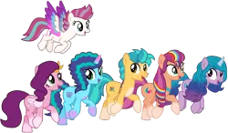 Size: 9709x5665 | Tagged: episode needed, safe, artist:ejlightning007arts, derpibooru import, hitch trailblazer, izzy moonbow, misty, pipp petals, sunny starscout, zipp storm, earth pony, pegasus, pony, unicorn, my little pony: make your mark, spoiler:g5, alternate new mane six (g5), base used, bracelet, coat markings, colored wings, fake cutie mark, female, flying, g4, g5, g5 to g4, generation leap, image, jewelry, mane five (g5), misty joins the mane 5, multicolored hair, open mouth, png, rainbow hair, royal sisters (g5), siblings, simple background, sisters, socks (coat marking), tiara, transparent background, vector, walking, wings