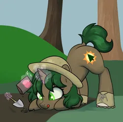 Size: 2200x2183 | Tagged: safe, artist:dumbwoofer, derpibooru import, oc, oc:pine shine, pony, unicorn, bent over, boots, clothes, dock, ear fluff, female, food, forest, forest background, garden, gardening, hat, horn, image, magic, mare, png, seeds, shoes, straw hat, tail, telekinesis, tomato, tongue out, tree, trowel, unicorn oc