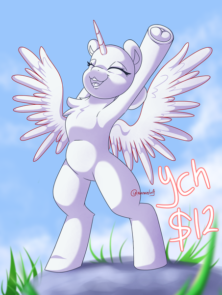 Size: 2105x2791 | Tagged: safe, artist:nanazdina, derpibooru import, oc, pony, :3, bipedal, chest fluff, commission, eyes closed, horn, image, png, raised hoof, solo, stretching, underhoof, wings, your character here