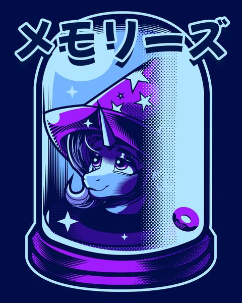 Size: 2400x3000 | Tagged: safe, artist:poxy_boxy, derpibooru import, trixie, pony, unicorn, blue background, disembodied head, female, head in a jar, image, jpeg, katakana, limited palette, mare, simple background, smiling, solo