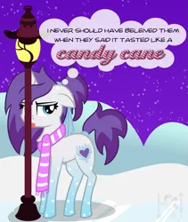 Size: 1275x1514 | Tagged: safe, artist:partylikeanartist, derpibooru import, oc, oc:indigo wire, unofficial characters only, pony, unicorn, candy, candy cane, clothes, food, horn, image, lamppost, png, scarf, snow, solo, striped scarf, stuck, text, thought bubble, tongue out, tongue stuck to pole, unicorn oc, winter