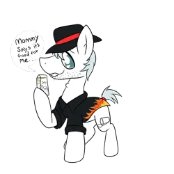 Size: 1329x1329 | Tagged: safe, derpibooru import, pony, adam's apple, clothes, full body, hair, hat, holding object, image, open mouth, png, soy, speech bubble, stubble, text