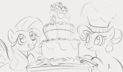 Size: 1308x769 | Tagged: safe, artist:dotkwa, derpibooru import, fluttershy, pinkie pie, earth pony, pegasus, pony, cake, chef's hat, drool, duo, food, gray background, grayscale, hat, image, monochrome, open mouth, open smile, png, simple background, sketch, smiling