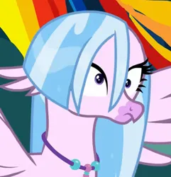 Size: 412x428 | Tagged: safe, derpibooru import, screencap, silverstream, classical hippogriff, hippogriff, season 9, uprooted, spoiler:s09, cropped, cross-eyed, derp, female, image, jewelry, png, spread wings, wet, wet mane, wings
