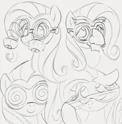 Size: 1095x1111 | Tagged: safe, artist:dotkwa, derpibooru import, fluttershy, pegasus, pony, bust, cute, eyeball glasses, female, glasses, gray background, grayscale, groucho mask, image, looking at you, mare, monochrome, novelty glasses, png, shyabetes, simple background, sketch, sketch dump, smiling, smiling at you, solo, swirly glasses