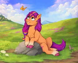 Size: 5000x4068 | Tagged: safe, artist:birdoffnorth, derpibooru import, sunny starscout, butterfly, earth pony, insect, pony, absurd file size, absurd resolution, cheek fluff, chest fluff, commission, ear fluff, female, flower, g5, image, mare, png, rock, scenery, smiling, solo, unshorn fetlocks, ych example, your character here